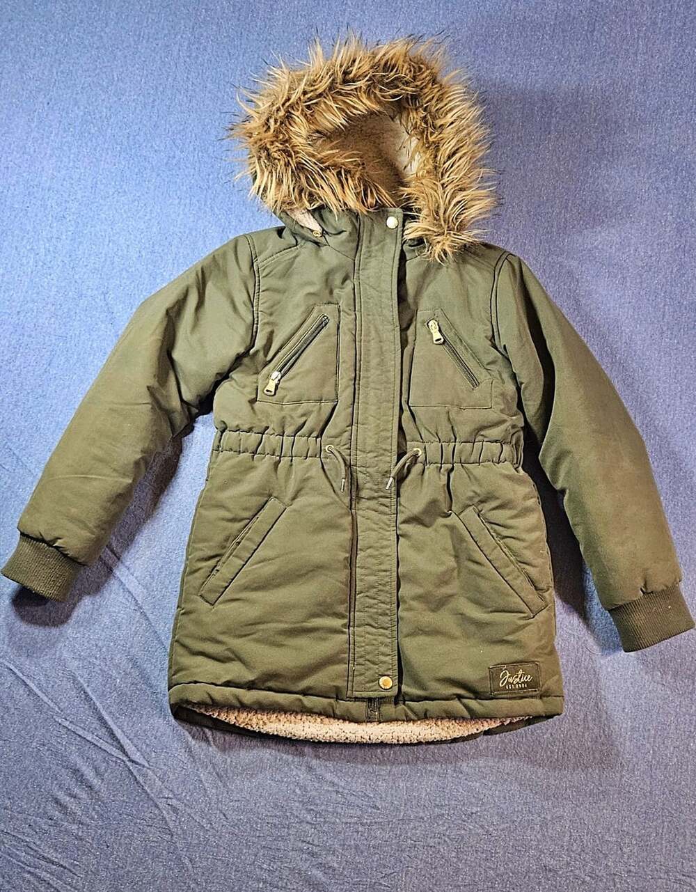 Justice Parka Size M Green Faux Fur Hooded Puffer Jacket